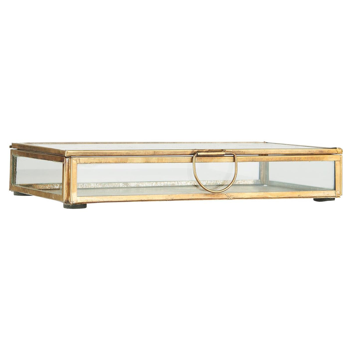 Aflang Solitaire glasæske med låg fra Ib Laursen i klart glas og antik guldfarvet metal til servietter på 10 x 20 cm