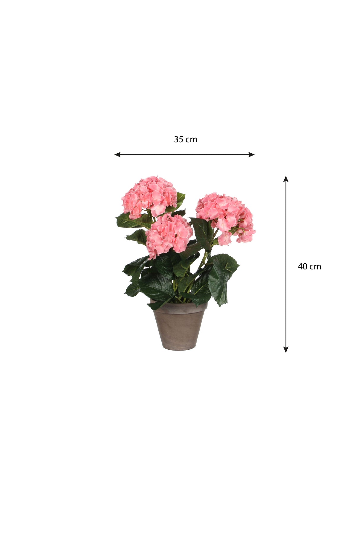 Lyserød kunstig hortensia med målangivelser på