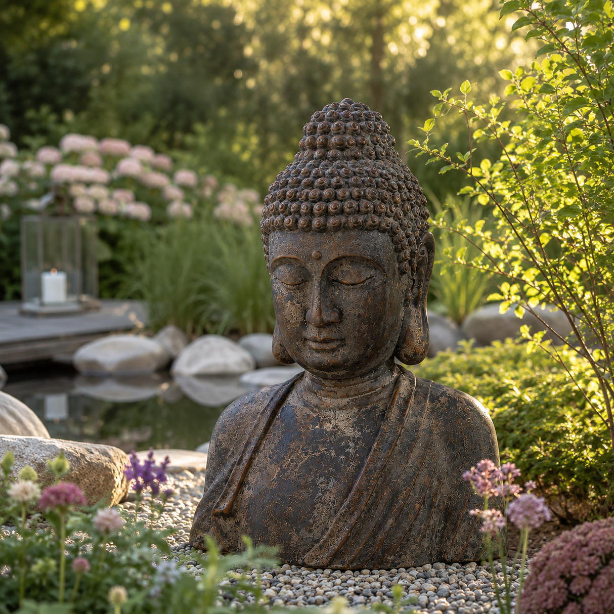 Grå buddha som havedekoration