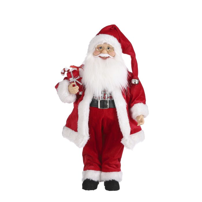 Julemanden i juledragten i traditionelle julefarver med gaver i armen og skønt smilende ansigt med juleskæg og nissebriller.