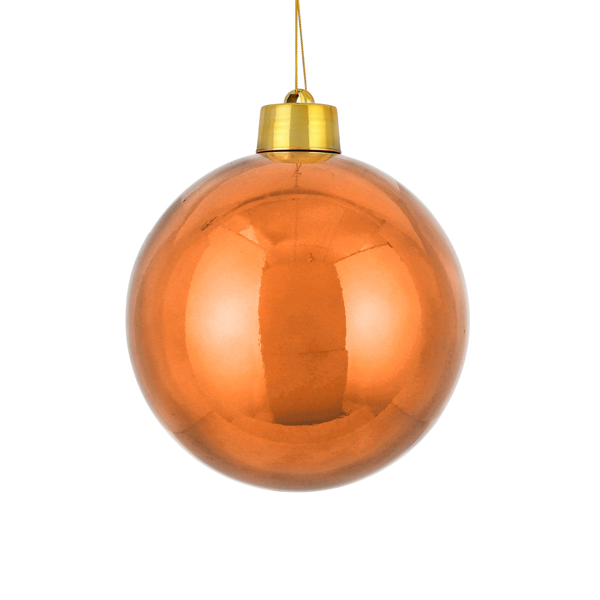 Stor orange julekugle fra Mica Decorations i blank genanvendt plast med guldfarvet ophæng, 20 cm i diameter
