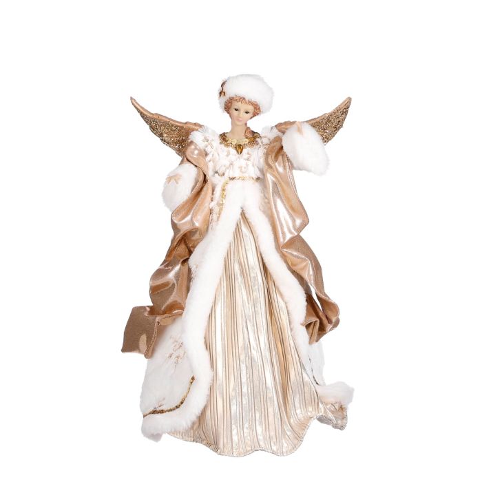 Elegant engel i hvid, guld og rosa nuance. Flot hvid pelshat samt kåbe med guldbånd, guldstribet kjole og guld halssmykke. Flotte detaljer fra House of Seasons.