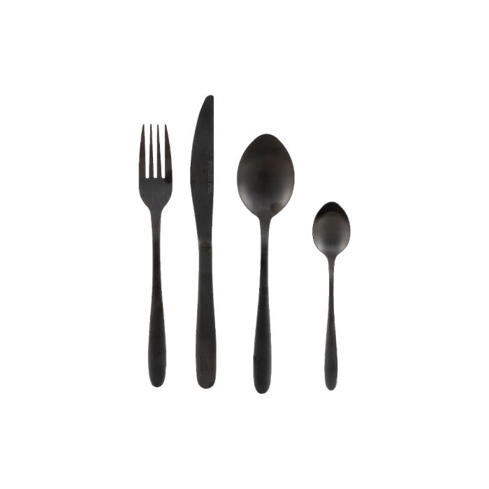 Gaffel, kniv, spiseske og teske i sort farvet rustfrit stål