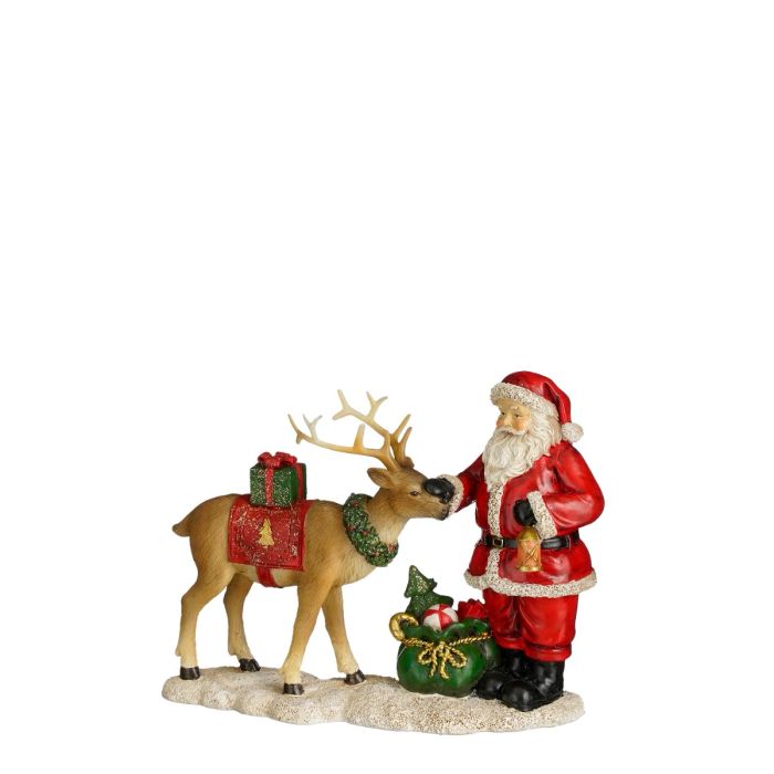 Julemanden klapper sit rensdyr stående på en sne flage i flotte julefarver fra House of seasons.