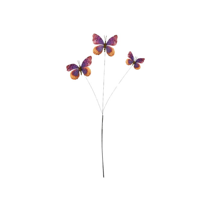Dekorationsstilk med tre sommerfugle i lilla nuancer