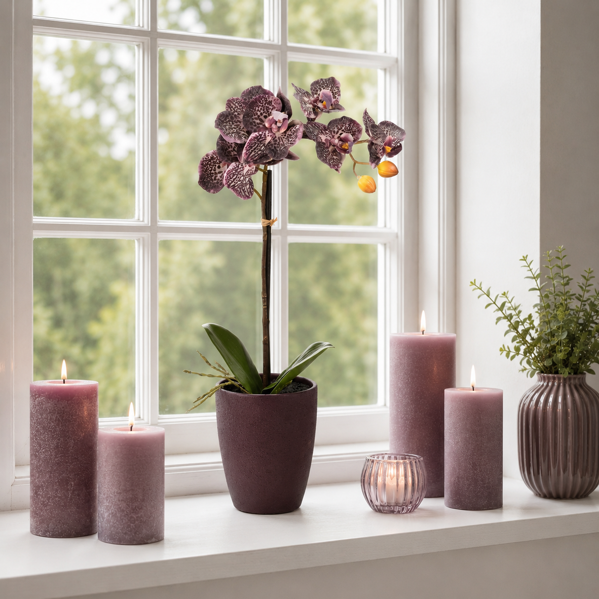Phalaenopsis orkidé mauve med skjuler i vindueskarm med bloklys