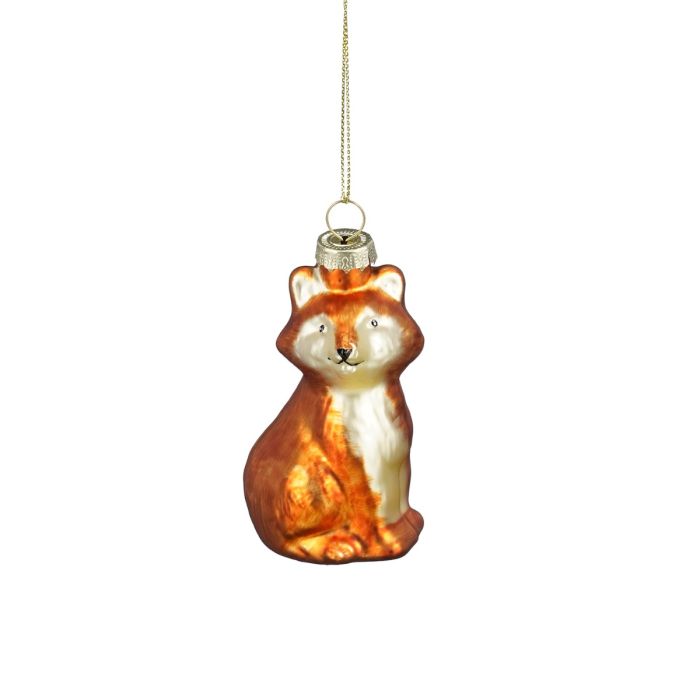 Julekugle figur ræv 9 cm høj i skinnende orange og hvide farver