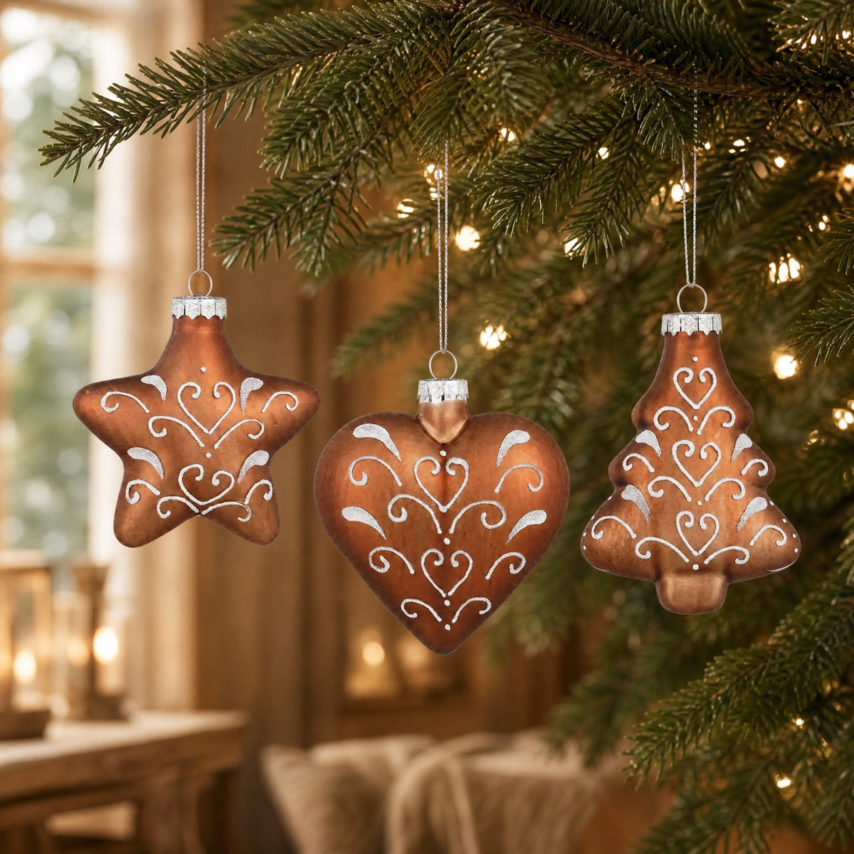 Figurformede honningkager i glas på juletræ