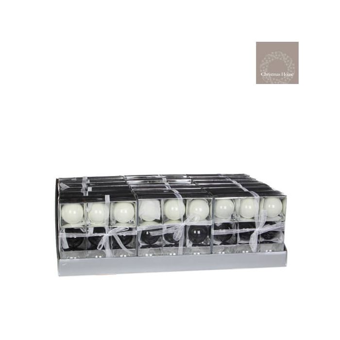Julekugler i sorte, hvide og sølv/glas farver i glas.