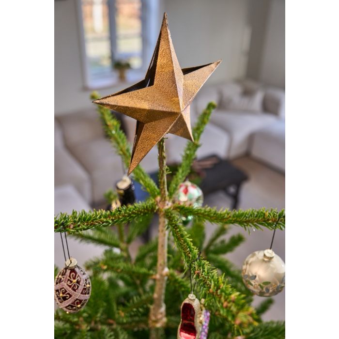 Juletræ pyntet med guldfarvet topstjerne.
