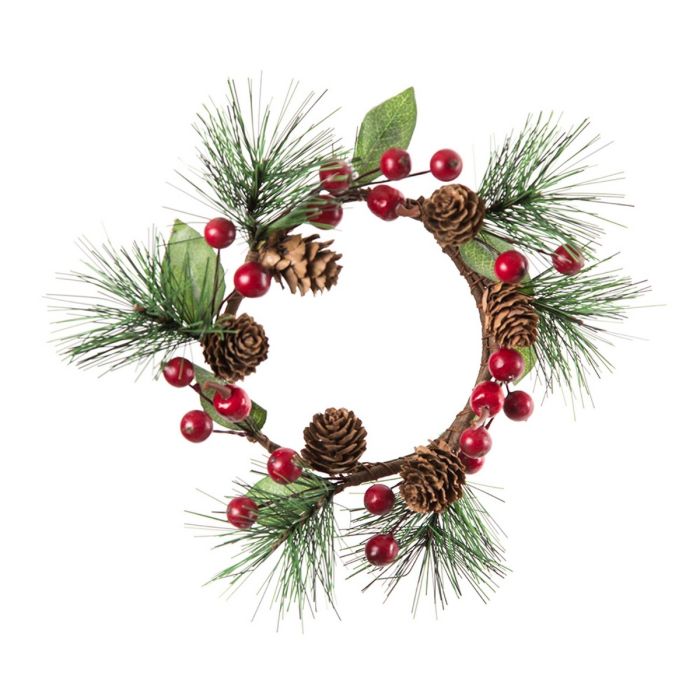 Lyskrans til bloklys med røde bær og kogler