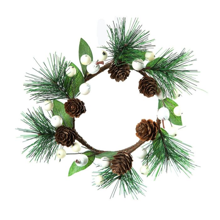 Lyskrans til bloklys med hvide bær og kogler