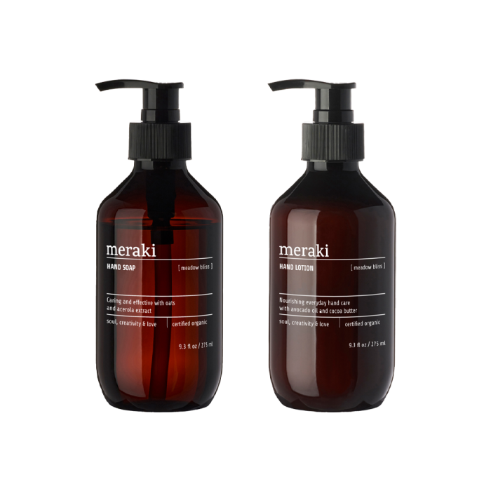 Håndsæbe og håndlotion i brune pumpeflasker fra Meraki