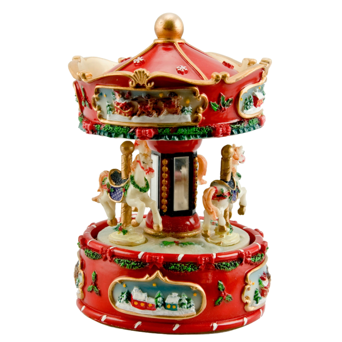 Julekarrusel med heste og flotte farverige detaljer, drejer rundt til julemelodi fra Musicboxworld.