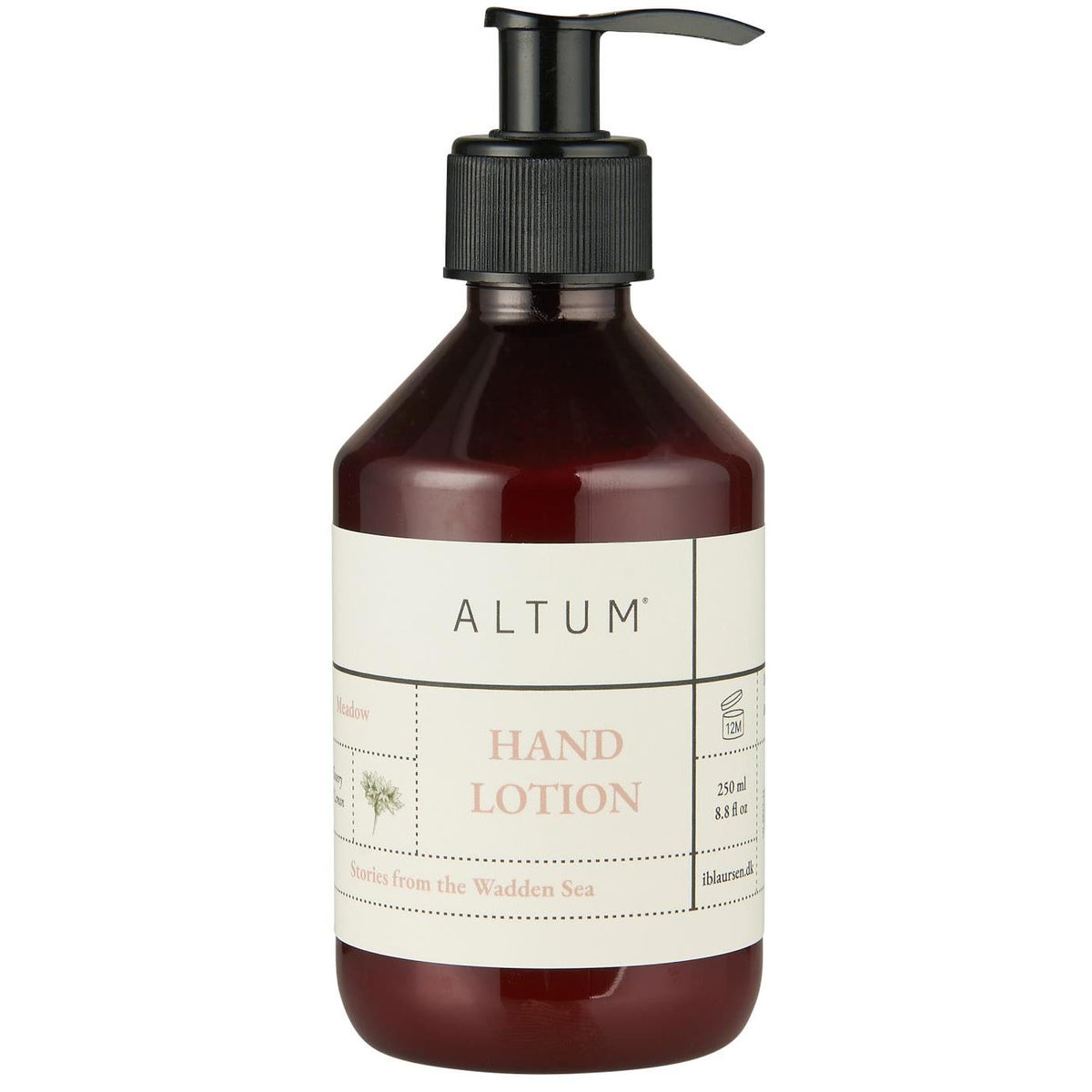 ALTUM Meadow håndlotion fra Ib Laursen i brun pumpeflaske med sort pumpe og lys etiket, 250 ml