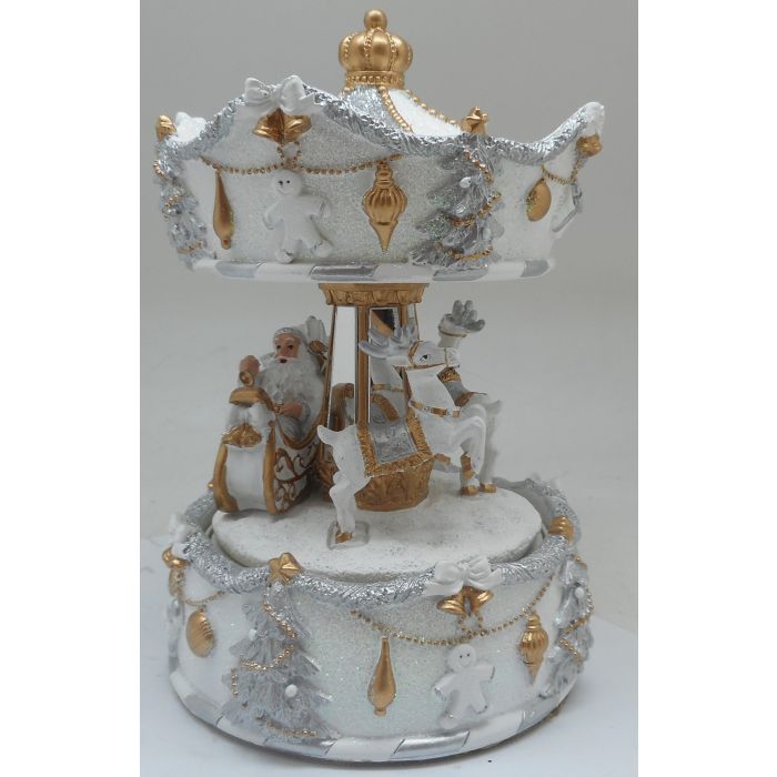 Vinterhvid karrusel med julemanden og rensdyr i guld, hvid og sølv farver kan dreje rundt og spille musik.