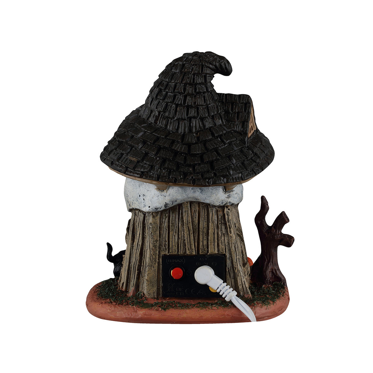 Bagsiden på Witch's Skull Hut bygning med lys til Halloween dekoration fra Lemax