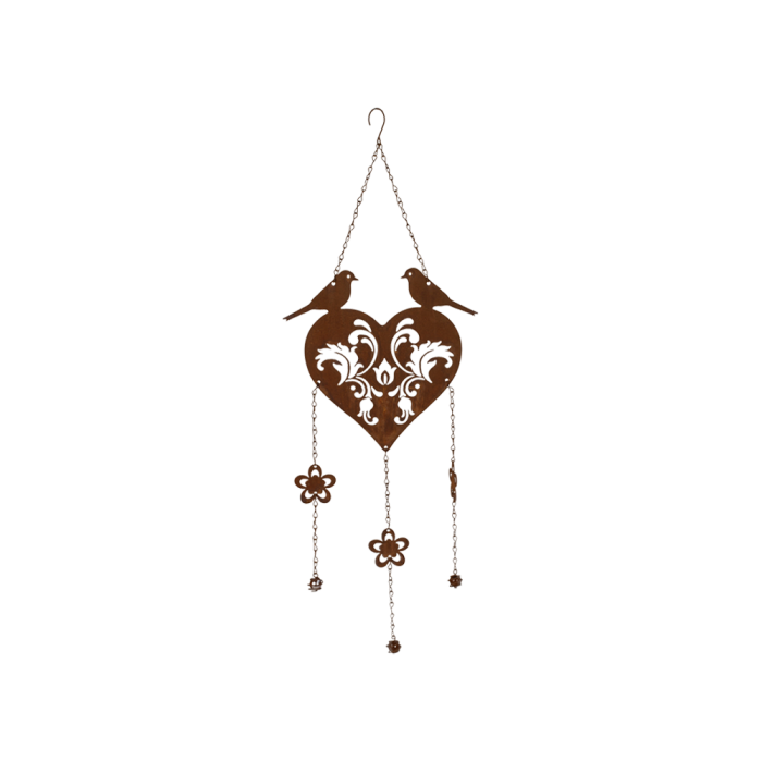 Vindspil i metal hjerte med fugle