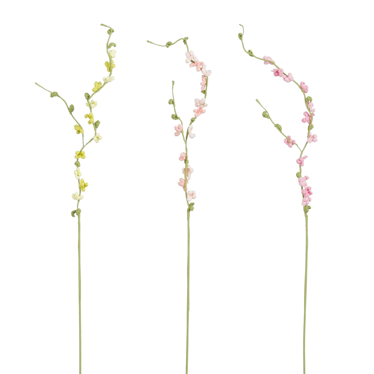 Hæklet blomstrende forårsgren 76 cm lang og i tre farver