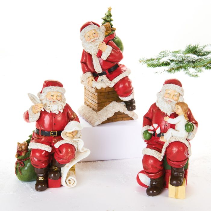 Julemænd på arbejde i 3 varianter, en på vej ned i skorsten, en med ønskeseddel eller en med barn på skød fra Pobra.