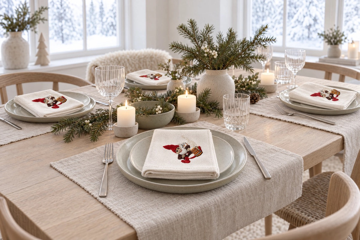 Julebord dækket med stofservietter med broderet nisse med kat fra Juel Brandt