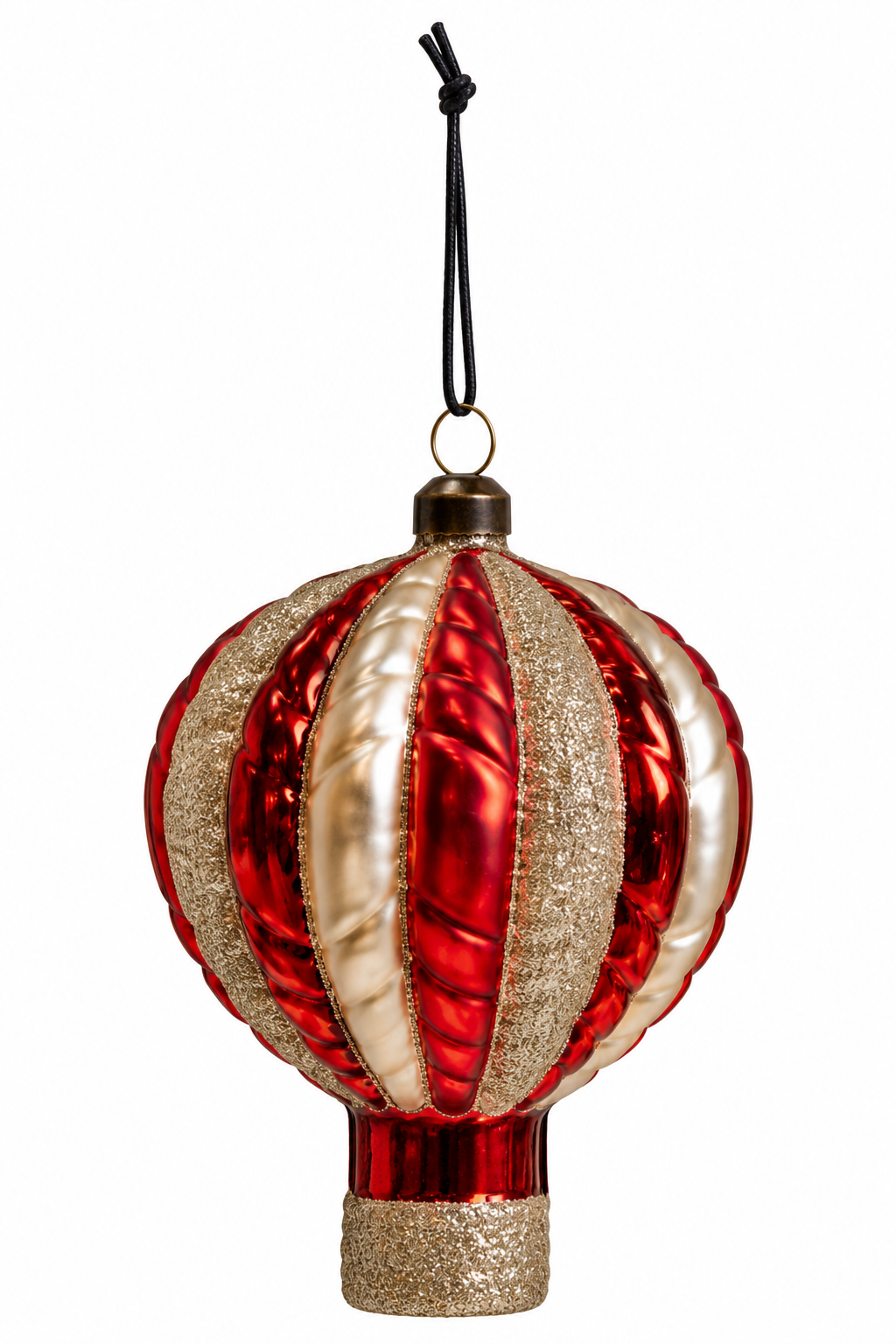 Luftballon som juletræspynt i rødt og guld med lodrette striber og glitter fra Speedtsberg, 12 cm høj