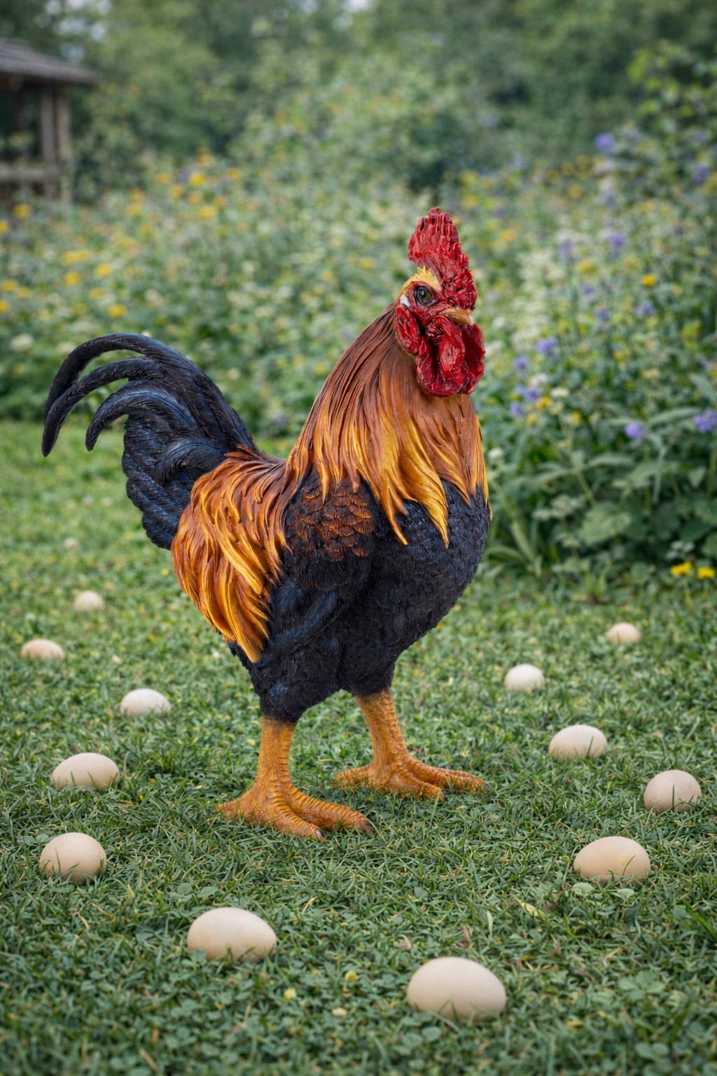 Hane figur står på en græsplæne med æg omkring sig