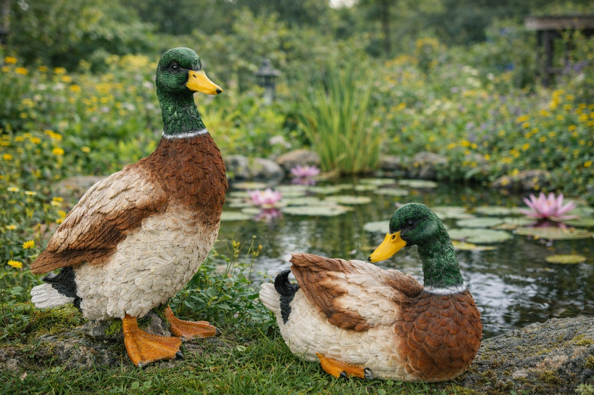 Ænder i polyresin som dekoration i en have