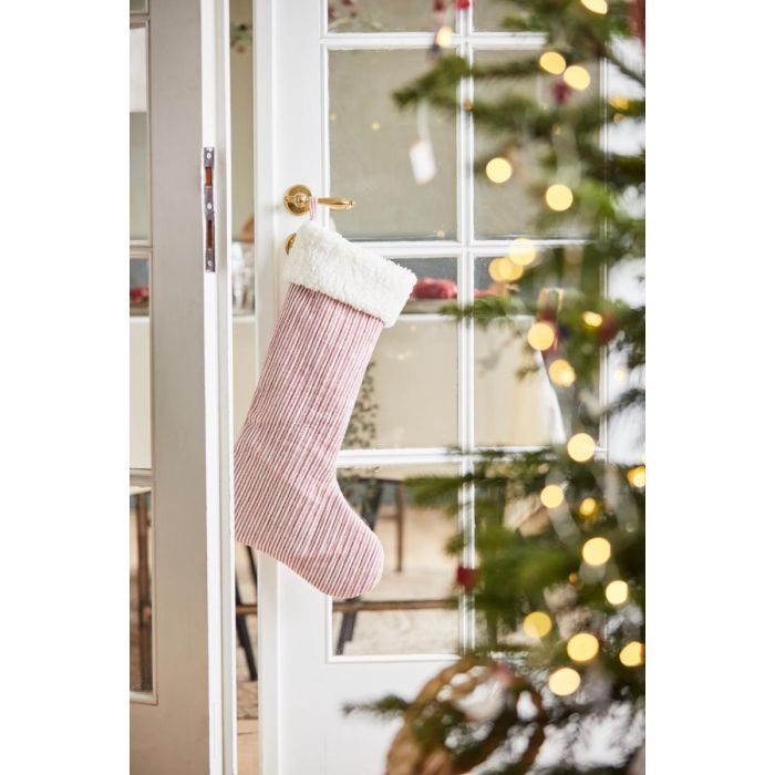 Julesok rød/hvidstribet med kunstig pelskant