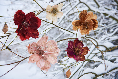 Blomsterklips pynter på grene i sneen
