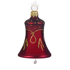 Mundblæste Juleklokker i smuk dyb bordeaux farve med guldmønster i glas fra Glasbläserei Thüringer Weihnachten. 