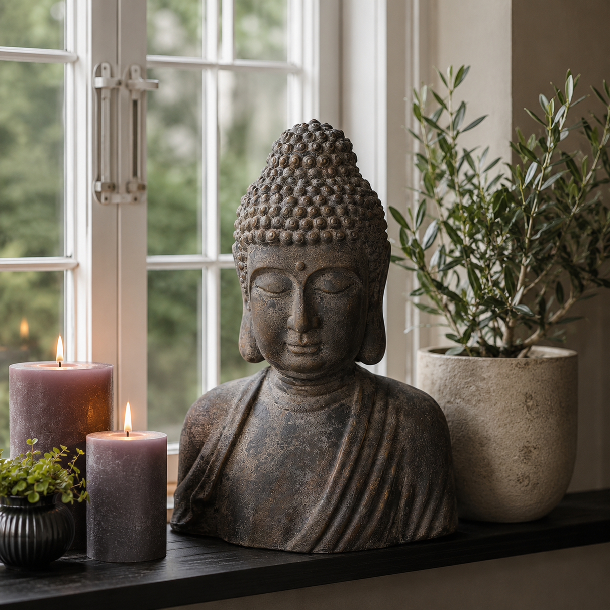 Grå buddha i vindueskarm med bloklys og plante