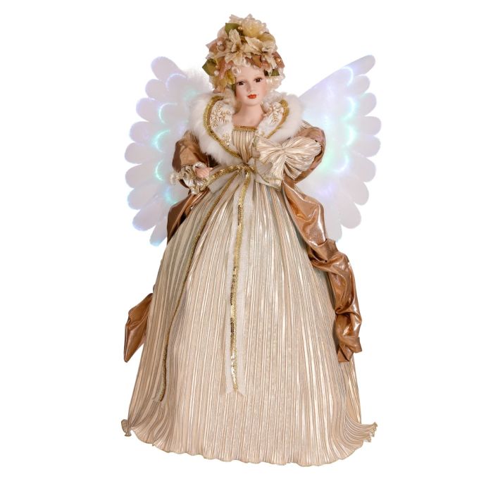 Stor engel fra House of Seasons med lysende, bevægelige vinger og beige/guld outfit med fine pailletter og pelskant.