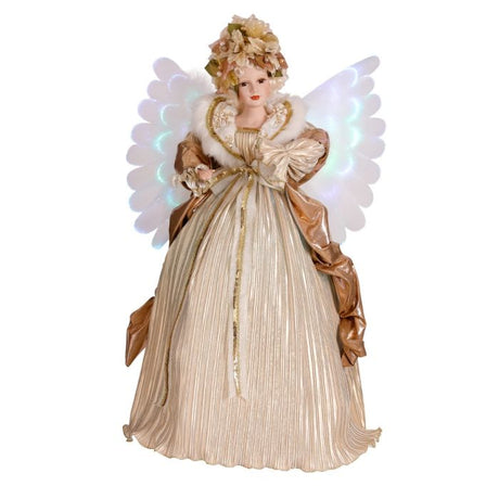 Stor engel fra House of Seasons med lysende, bevægelige vinger og beige/guld outfit med fine pailletter og pelskant.