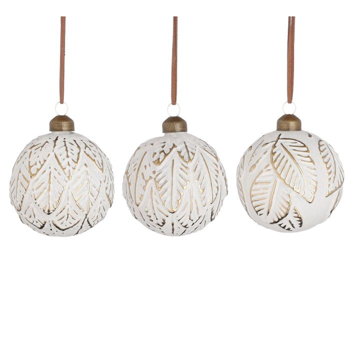 Julekugle i hvid med bladmønster 