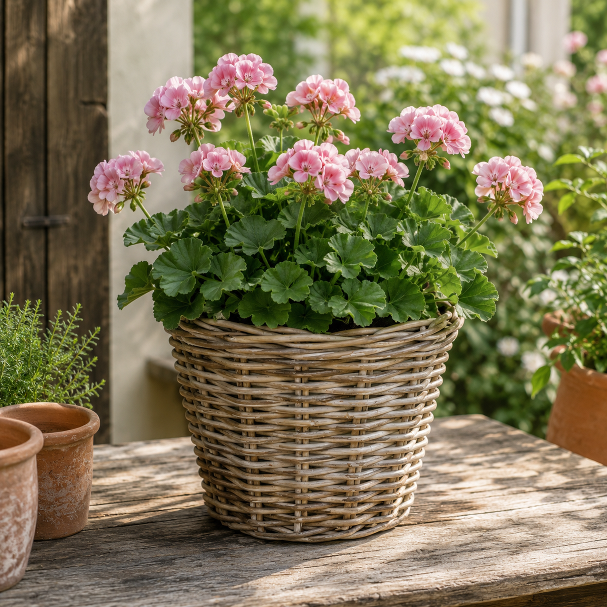 Marcia rund kurv med lyserød pelargonie i