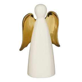 Elegant hvid engel i porcelæn med glansfulde guldfarvede vinger. En rolig og dekorativ figur fra House of Seasons, der spreder varme og julestemning i rummet.