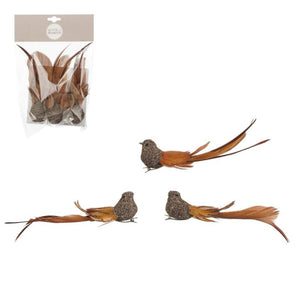 Fugle med lange fjer på klips 3-pak i brune farvetoner. 