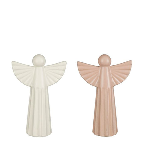 Engle i porcelæn, står med udspredte rillede vinger i to forskellige varianter hvid og rosa, fra House of Seasons. 