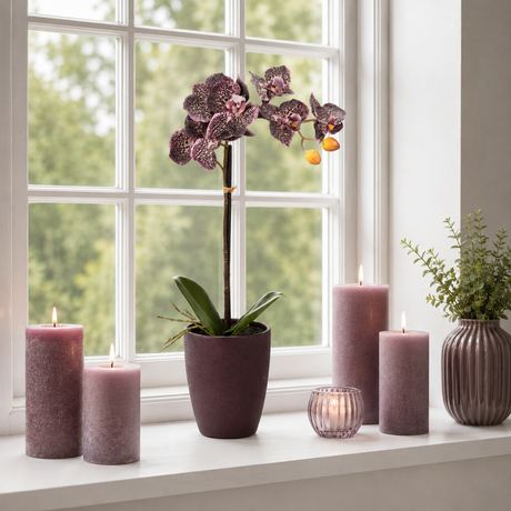 Phalaenopsis orkidé mauve med skjuler i vindueskarm med bloklys