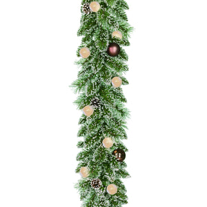 Kaprun granguirlande med kobberfarvet pynt og lys 180 cm lang