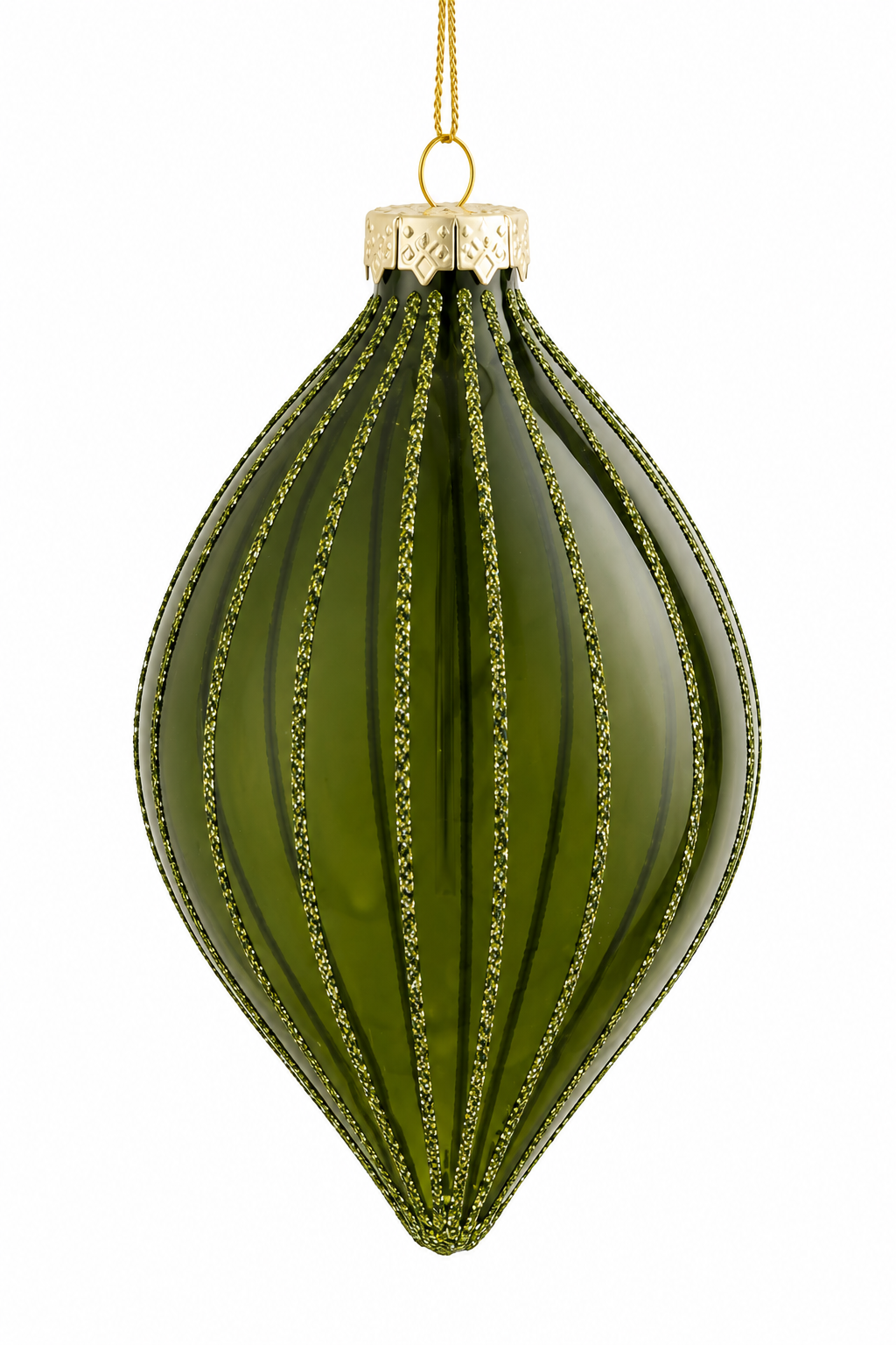 Dråbeformet julekugle i klart olivengrønt glas med glitterstriber fra Mica Decorations