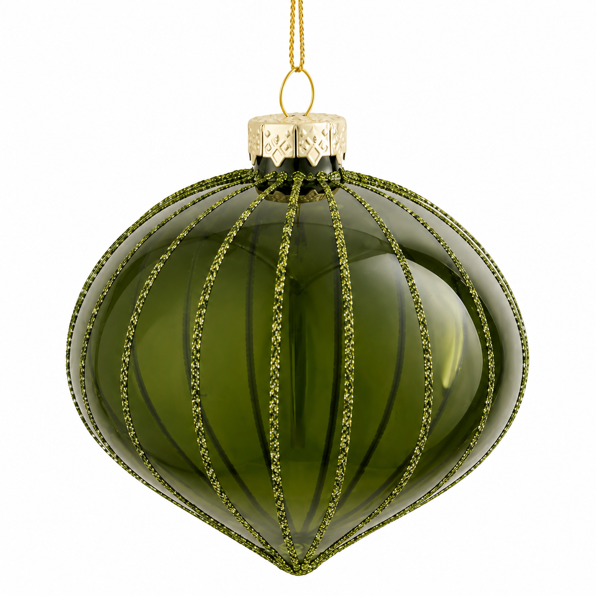 Løgformet julekugle i klart olivengrønt glas med glitterstriber fra Mica Decorations