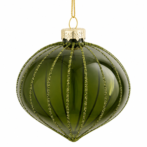 Løgformet julekugle i klart olivengrønt glas med glitterstriber fra Mica Decorations