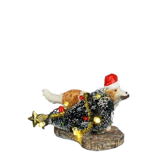 LuVille Fræk hund stjæler juletræet med lys. Figur til juleby