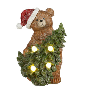 Bamse med grantræ med lys i 23 cm høj med let glitter til dekoration.