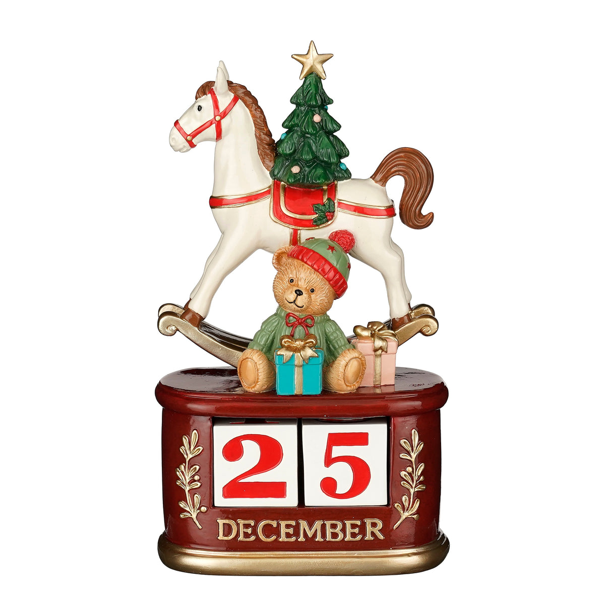 Julekalender med gyngehest og bamse til december måned 24 cm høj i polyresin