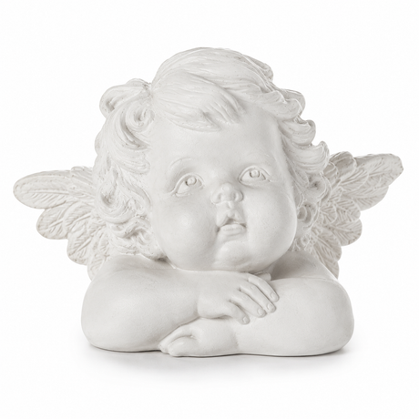Engel ligger med armene under hagen