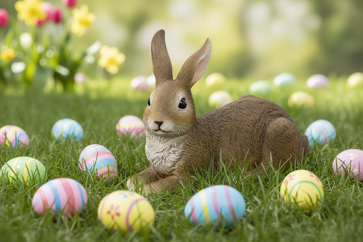 Påskeharer liggende blandt påskeæg på græsset