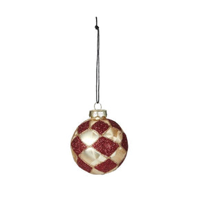 Julekugle i glas fra Speedtsberg i mat champagne og røde nuancer. 